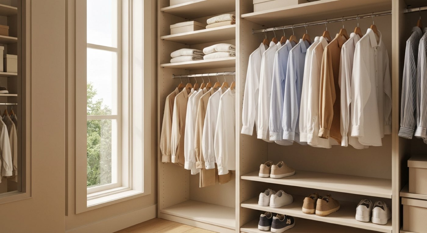 Neatly organized men's wardrobe with essential pieces